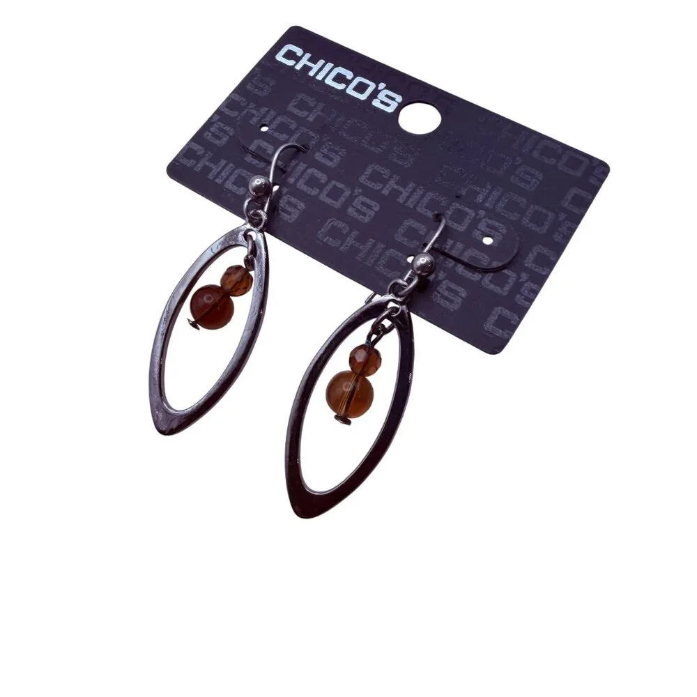 Vintage 1990s‎ Chico’s Silver Oval Amber Bead Dangle Earrings Modern Minimalist
